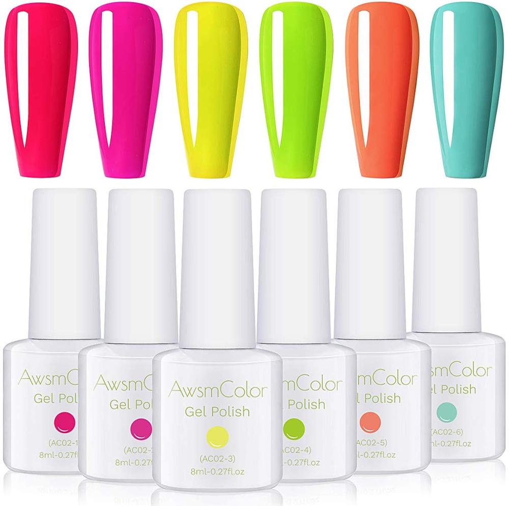 AwsmColor Gel Nail Polish Set, Neon Series 6 Colors UV LED Soak Off Nail Gel Kit,  Nail Design Bright Red Pastel Pink Jelly