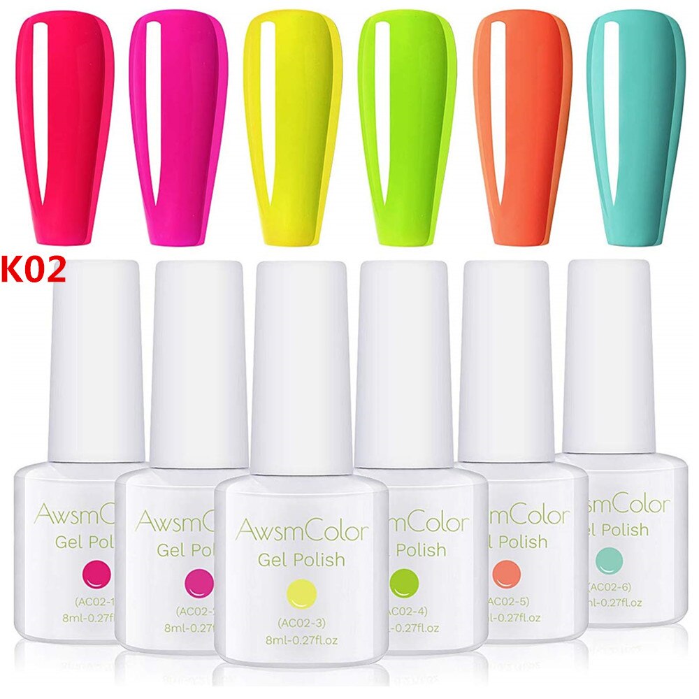 AwsmColor Gel Nail Polish Set, Neon Series 6 Colors UV LED Soak Off Nail Gel Kit,  Nail Design Bright Red Pastel Pink Jelly